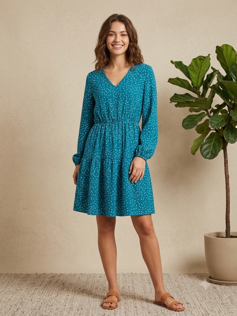 FANCYINN Teal and White Polka Dot Long Sleeve V-Neck Tiered Mini Dress - Size M
